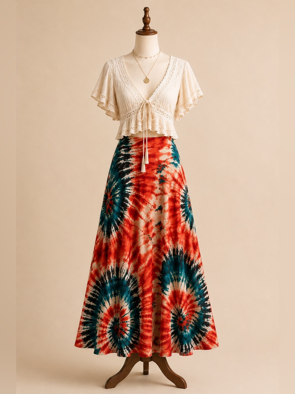Zenobia Flowy Tie Dye Maxi Skirt Orange Teal Boho Coastal Stretch Knit Size M